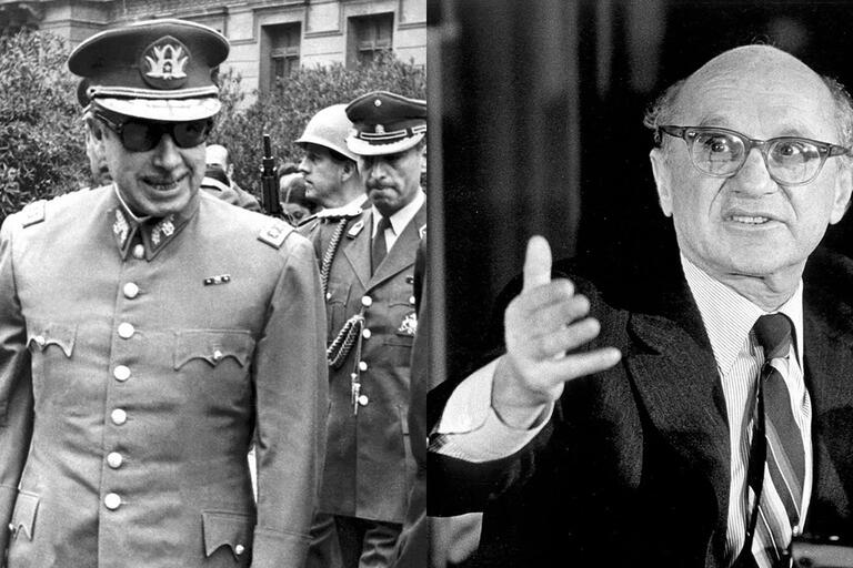 Left: Augusto Pinochet in 1973. (Photo by STF/AFP/Getty Images.) Right: Milton Friedman. (Photo courtesy of the University of Chicago.) A portrait of Augusto Pinochet in uniform in 1973. (Photo by STF/AFP/Getty Images.) And Milton Friedman lecturing. (Photo courtesy of the University of Chicago.)