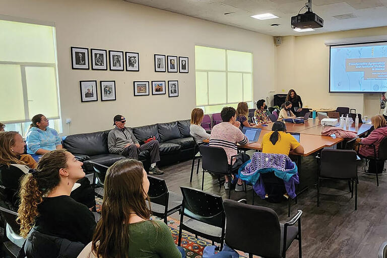 The talk from the “Transformative Agro-Ecology” workshop fills a conference room at Berkeley, March 2023. (Photo courtesy of the Latin American and Caribbean Socionatures Working Group.)